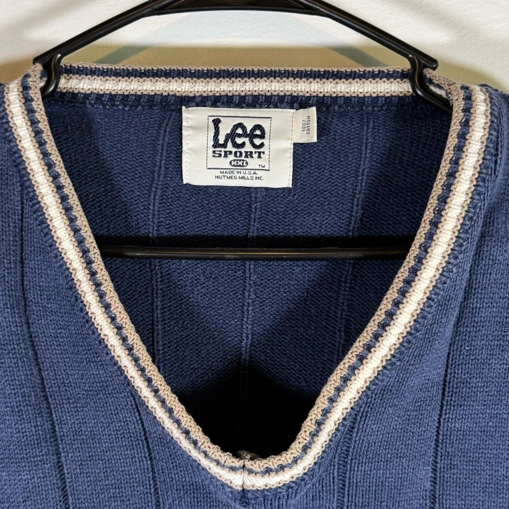Vintage 90s Lee Sport Men’s XL Blue Ribbed V-Neck Sweater Striped Trim Preppy